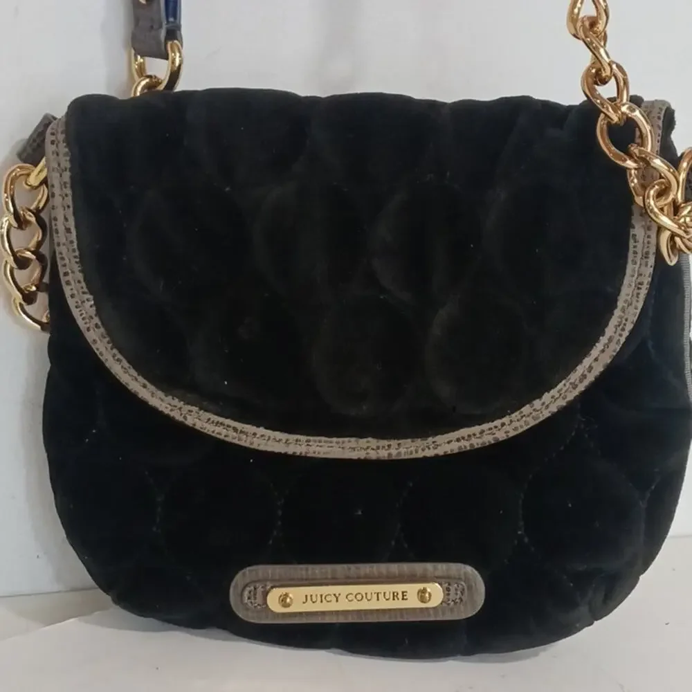 Juicy Couture Black Quilted Velvet Crossbody Bag Gold Chain Hardware - Picture 2 of 9